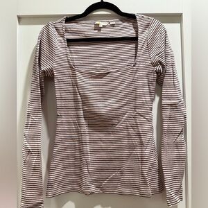 Boden Blush & Navy Striped Sparkle Square Neck Long Sleeve Top